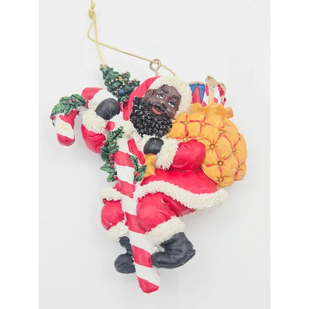 Set of 3 Black Santa Claus Resin Ornaments Wreath Candy Cane Gift Basket